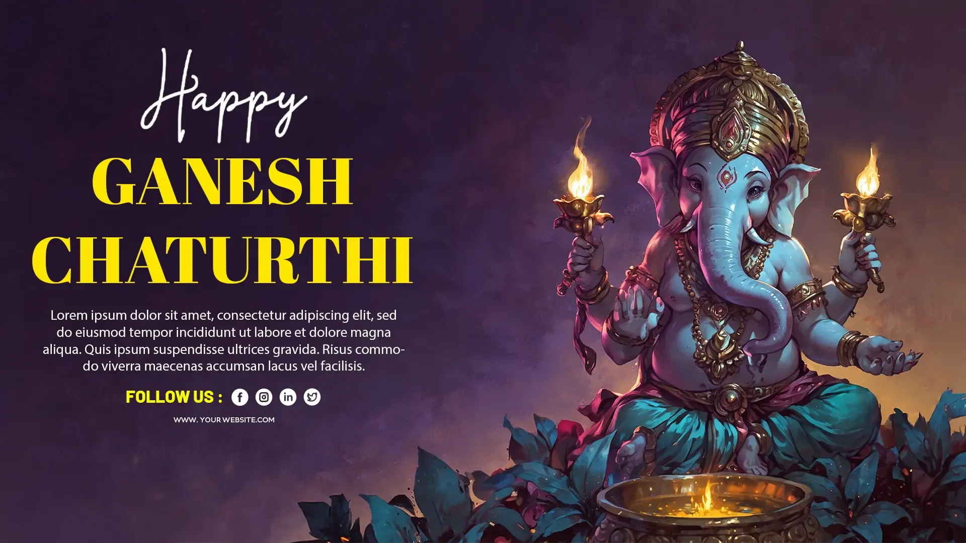 Elegant Ganesh Chaturthi PSD Design with Dark Background and Illuminated Ganesha image